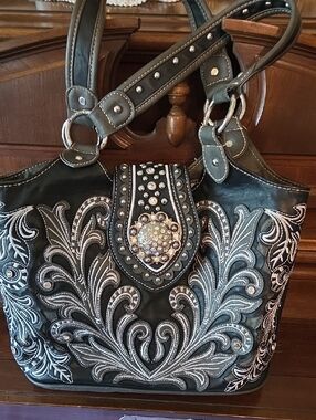 Montana West Studded Handbag | Rhinestone Accent | Black & Gray Statement